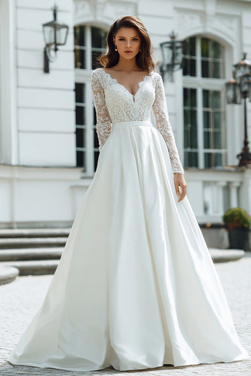 Ivory A-Line V Neck Lace Long Sleeve Wedding Dress